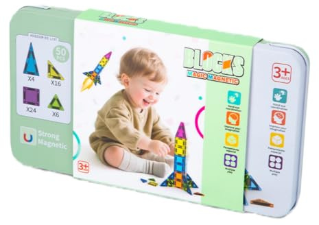 Bacxzomx 50 piezas baldosas magnéticas para niños viajes, juego de construcción magnética, mini azulejos magnéticos de viaje con caja metálica, juegos de imán para niños regalo 3 4 5 6 años