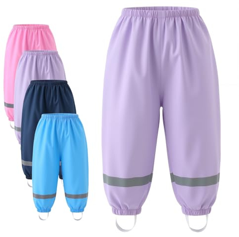 Okdance Kids Waterproof Rain Trousers with Stirrup Straps, Windproof Puddle Pants for Boys and Girls, Reflective Strip, Elastic Waist, Outdoor Rainwear