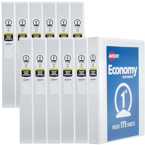 Avery Standard View 3 Ring Binders, 1 Round Rings, 175-Sheet Capacity, 1.4 Inch Wide Spine, White Binders, Ideal for Lightweight Organization and Occasional Referencing (12-Pack of 05711)
