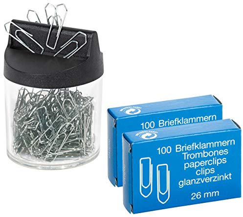 WEDO 2705154 Klammernspender (mit Magnet rund gefüllt, 125 Büroklammern) Silber/transparent (1 Spender + 200 Klammern extra)