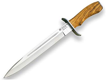 Joker Cuchillo deportivo Chamoís CO31, con mango de olivo y hoja de 25,5 cm, funda de cuero marrón, 300 gramos de peso, cruceta inox, herramienta de pesca, caza, camping y senderismo