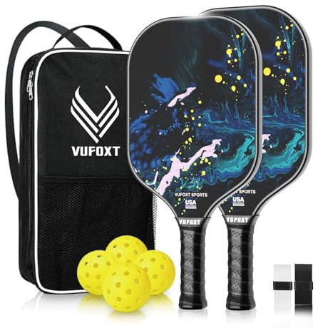 Pickleball Paddles Set of 2, USAPA Approved 99.99% Carbon Fiber Surface Pickleball Sets PP Honeycomb Core Pickleball Rackets, Lightweight Paddles with 4 Balls 1 Bag for Beginners Medium (Blue Waves)