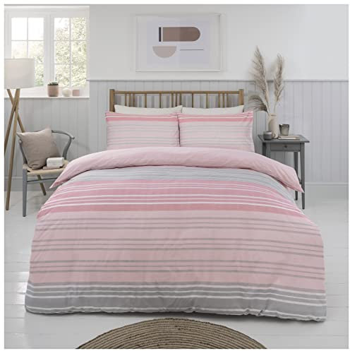 Sleepdown Duvet Cover Set, Blush Pink, Textured Stripe, Reversible Quilt Cover Easy Care Bed Linen Soft Cosy Bedding Sets with Pillowcases, Super King (260cm x 220cm)