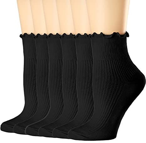 VCCUIOB Mcool Mary Women's Ruffle Socks,Turn-Cuff Casual Ankle Socks Cotton Knit Lettuce Low Cut Frilly Black Socks for Women