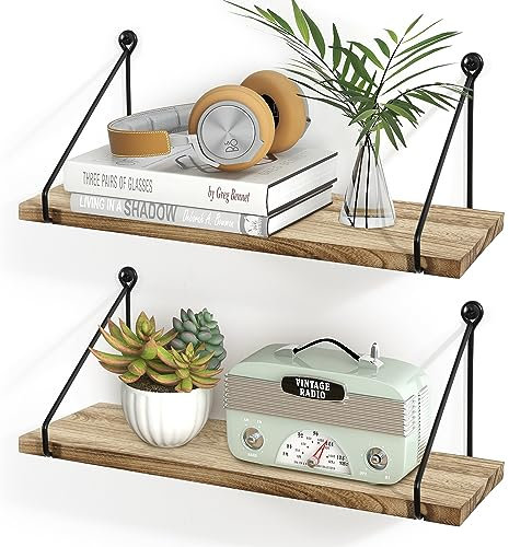SUMGAR Floating Shelves for Wall Wood Rustic Shelf Wall Mounted for Kitchen Bathroom Bedroom Living Room Set of 2 Home Office Display Storage Organisation Unit Decorative Accessories Easy to Hang
