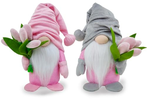 Zemolo 2pcs Mothers Day Gonk Gifts for Mom, Spring Gonk Mothers Day Decorations Plush Gnome Faceless Doll with Tulip Bouquet Handmade Dwarf Elf Table Ornaments Gift for Her Women Mum