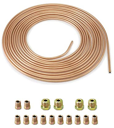 QWORK® 3/16 x 25ft/7.6m Copper Plated Brake Pipe, OD 4.76mm, ID 3.3mm with 16 nuts