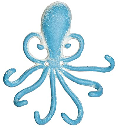 Relaxdays Wandhaken Oktopus, 6 Garderobenhaken, Gusseisen, HBT 16,5 x 15,5 x 4 cm, antiker Schlüsselhaken, hellblau/weiß