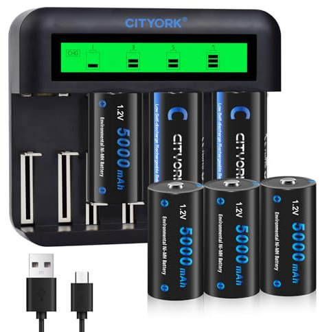 CITYORK C Cell Akkus 5000mAh mit 8 Slots Ladegerät für AA AAA C D NI-MH Akku (Ladegerät und 6 Stück Baby C Akku)