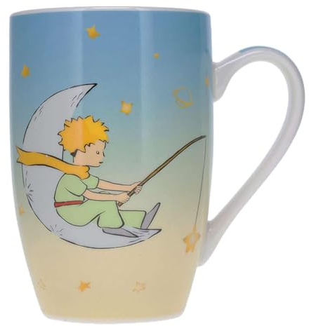 KIUB Très grand mug porcelaine arrondi - motif Petit Prince sur son croissant de lune et pêchant des étoiles- hauteur 12CM - contenance 490ML - boite assortie