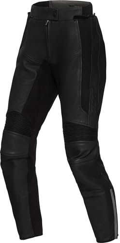FLM Brooklands Pantalones de piel para mujer, piel de vacuno y zonas elásticas, protección para rodillas y caderas, reflectores, color negro, Negro , 44