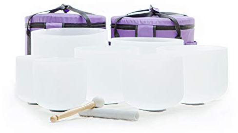 Leize Crystal Singing Bowl with Carrying Case, White, Set of 7 size 6-12 A-G Note 432 hz