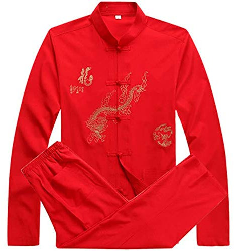 FGDIUCVN Kampfsportbekleidung Herren Kampfsport Set Kung Fu Uniform Tang Anzug mit Drachenmuster,Rot,M