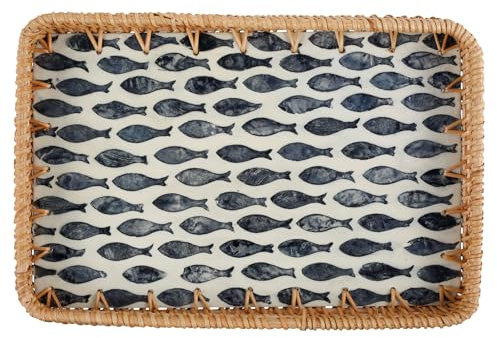 Vassoio in rattan rustico e bohémien, vassoio decorativo intrecciato a mano, 31 x 21 x 3 cm, vassoio rettangolare in rattan, per caffè, tavolo da pranzo, cibo, cucina, decorazione (pesce grigio)