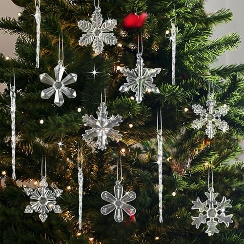 Glass Snowflake Icicle Ornaments for Christmas Tree Decorations - 18Pcs Clear Glass Ornaments Set for Christmas Tree Winter New Year Party Decor Supplies