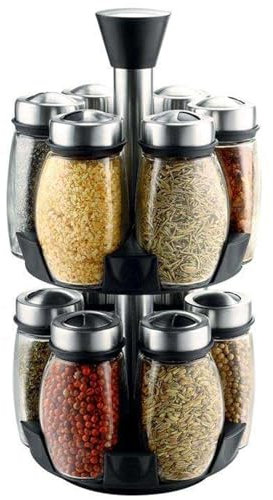 Portaspezie rotante con 12 barattoli per spezie, portaspezie rotante, in vetro, rotante, portaspezie, portaspezie girevole, portaspezie con 2 ripiani, per cucina, barbecue, barbecue