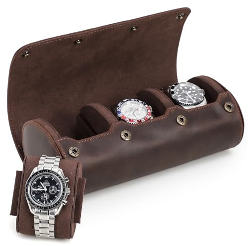 UPRESYE Genuine Leather Watch Roll Travel Case,3 Slots Vintage Full Grain Leather Watch Box with Pillow for Men,Watch Storage Organizer for Home Storage,Gifts
