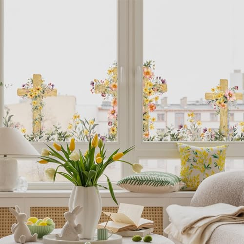 Alwayspon Dubbelsidiga återanvändbara klistermärken för påskfönster, religiösa kors akvarell fönsterdekaler för barn hembutik dekor och vårdekoration