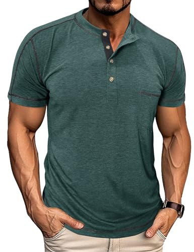 Tee Shirt Homme en Col Rond Henley T-Shirt avec Manches Courtes et Boutons Basic Tee Casual Top pour Homme Vert M