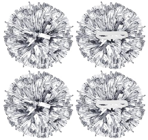 YELARXI Metallic Cheerleading Pom Poms Cheer Pompoms, 12 Inch with Handle Rings Fit for Team Spirit Sports Dance Cheering, (4Pcs, Silver)