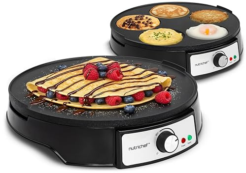 NutriChef Crepiera Elettrica 30 cm 1000W, Crepiera con Piastra Antiaderente Reversibile, Temperatura Regolabile, LED, Spatola e Dispenser, Ideale per Crepes, Crespelle, Pancake, Uova e Bacon