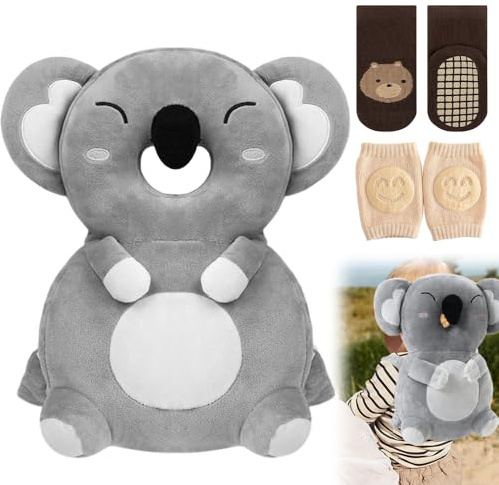 JOAASU Baby Kopfschutz Kissen, Baby Kopfschutz Rucksack Set mit Knieschoner & Socke, Verstellbare Baby Fallschutz Rucksack, Atmungsaktives Rückenprotektor für Krabbeln und Laufen Lernen (Koala)