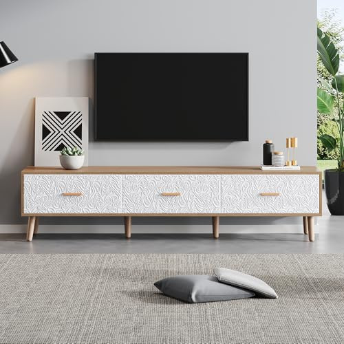 HaoChrymec Mueble De TV Bajo con Tablero De Partículas, Diseño Vintage con Cajones Y Puertas Texturizadas, Mueble TV De Madera, Aparador Bajo para Televisión, Blanco Y Madera Clara, 150 x 35 x 39 cm