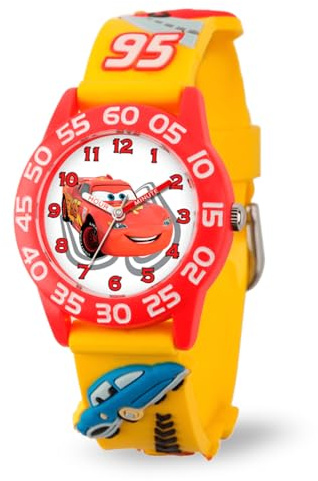 Disney Pixar Cars Lightning McQueen Watch for Kids - Boys Watch - Toddler Watches - Kids Toys Boys Toddler - for Teen - Red Bezel - 3D Yellow Strap