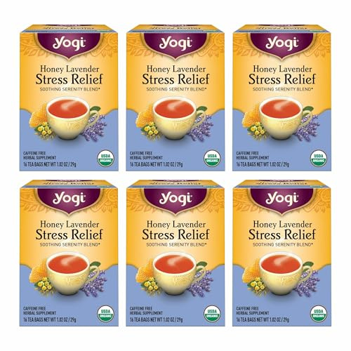 Yogi Tea Honey Lavender Stress Relief Tea - 16 Tea Bags per Pack (6 Packs) - Organic Chamomile Lavender Tea - Includes Lemon Balm, Lemongrass, Spearmint Leaf, Peppermint Leaf, Honey Flavor & More