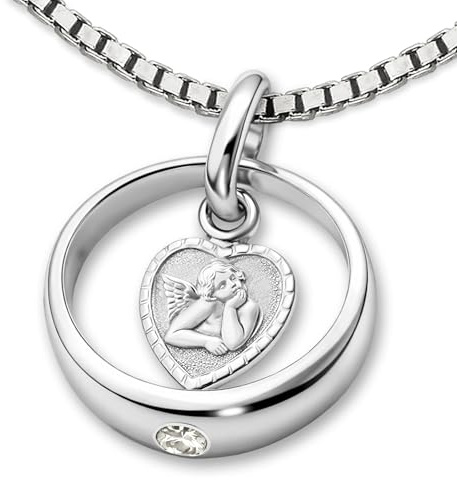 CLEVER SCHMUCK Taufkette mit Schutzengel Herz Taufring Ø 12 mm Zirkonia & Kette Venezia 36 cm 925 Silber Taufgeschenk für Junge oder Mädchen im Taufe Etui weiß