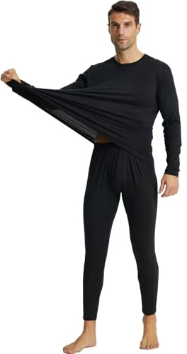 LANBAOSI Mens Thermal Underwear Set, Winter Warm Fleece Long Sleeve Top and Long Johns Bottoms Base Layer, Black, 3XL