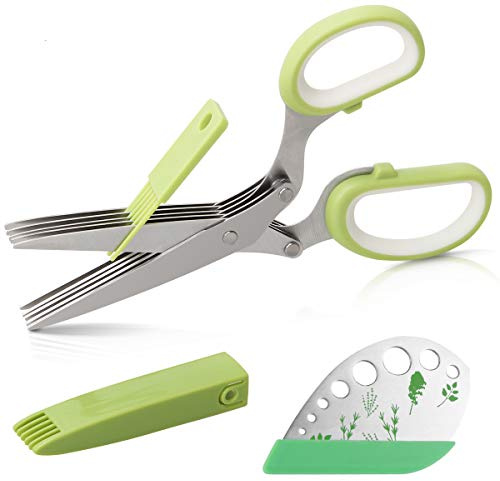 Herb Scissors Herb Stripper Set, Luxiv Stainless Steel Herb Cutter Tools 5-Blades Scissors with Herb Stripping Tool, Safe Cover, Cleaning Comb Multi-blade Herb Shears 2 IN 1 Herb Tools Kits (Green)