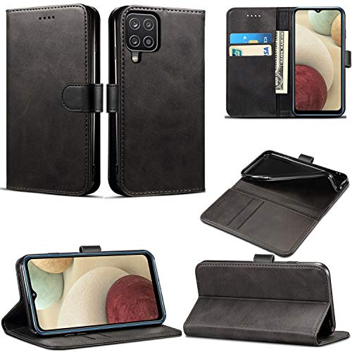 Mobile Stuff For Samsung Galaxy A12 Case, Premium PU Leather Folio Cover Magnetic Closure Full Protection Book Design with [Card Slots] and [Kickstand] for Galaxy A12 / A12 5G (Black)