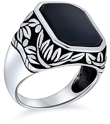 Sie Retro Vintage Stil Elegante Blatt Ranken Akzent Schwarz Onyx Edelstein Oktagon Rechteck Siegel Ring Western-Schmuck Für Männer Schwer Oxidiert .925 Sterling Silber Handgefertigt In Der Türkei