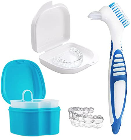 SUPRTOY Prothesenbürste Set,Zahnspangen reinigungsdose Aufbewahrungsbox,Immersionsbox für Prothesen,für Zahnspangen oder Zahnersatz reinigen und aufbewahren (blaue Zahnbürste)