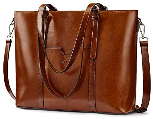 S-ZONE Women Genuine Leather Laptop Tote Bag Office Shoulder Handbag Briefcase 15.6 inch Computer Work Purse