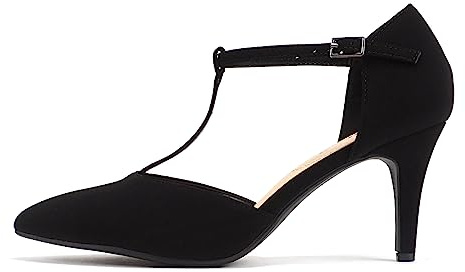 Soda Bahia ~ Women Pointed Toe Closed Back Counter T-Strap Pump Stiletto Mid Heel Shoe (Black Nubuck, us_Footwear_Size_System, Adult, Women, Numeric, Medium, Numeric_8_Point_5)