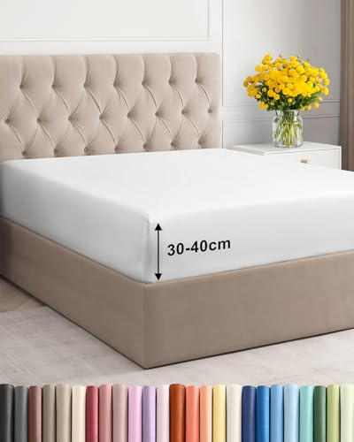 Sábana Bajera Ajustable 160x200 cm - Alto Especial 40 cm Colchón Alto - Sábanas Bajeras Microfibra Suave Transpirable y Antiarrugas - Bajera Cama con Goma Elástica - Oeko-Tex - Bed Sheets - Blanco