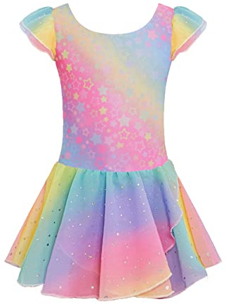 trudge Filles Ballet vêtements Robe de Ballet Enfants Manches Courtes Coton Ballet Justaucorps Ballet Costume Robe de Danse Corps de Danse avec Jupe Tutu Arc-en-Ciel 140