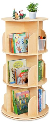 OOOK Kids Rotating Bookshelf, Small Corner Bookshelf for Small Space, 360° Display 3 Tier Floor Standing Bookcase Storage Rack, Wooden Narrow Bookcase Organizer for Bedroom, Living Room