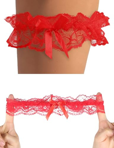 ohyeahlady Wedding Garters for Bride 2 Piece Sexy Floral Lace Bridal Garters Stretch Bow Red Garter Thigh Leg Ring Belt for Women Girls Cosplay Prom Party