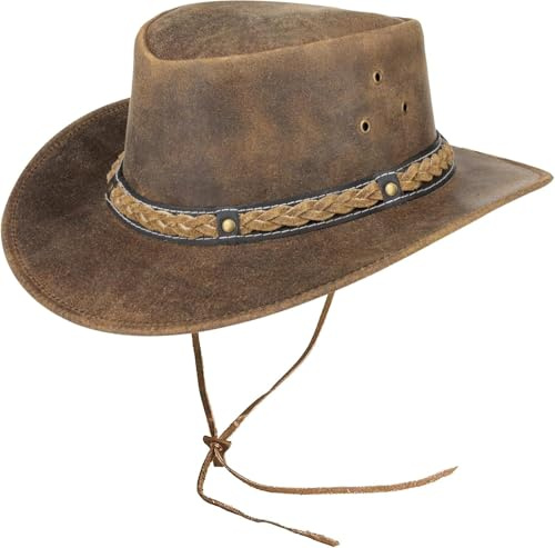 Pamposh Sombrero de vaquero de cuero para hombres y mujeres, hecho a mano, ligero, moldeable, duradero, de ala ancha, sombrero de vaquera, marrón, L