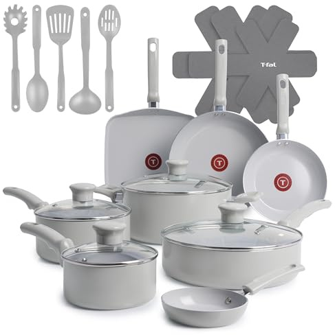 T-Fal Refresh Ceramic Pots and Pans Set, 20-Piece Nonstick Cookware Set, Stockpot, Griddle, Frying Pans, Utensils, Moon Grey