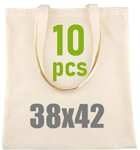 Adri 10 Bolsas de algodon con asas - bolsa de Tela Para Pintar - 38x42cm 144g/m2 - Tote bag de la compra Asas Largas - Para Transportar - reutilizable. (10 Pìezas)