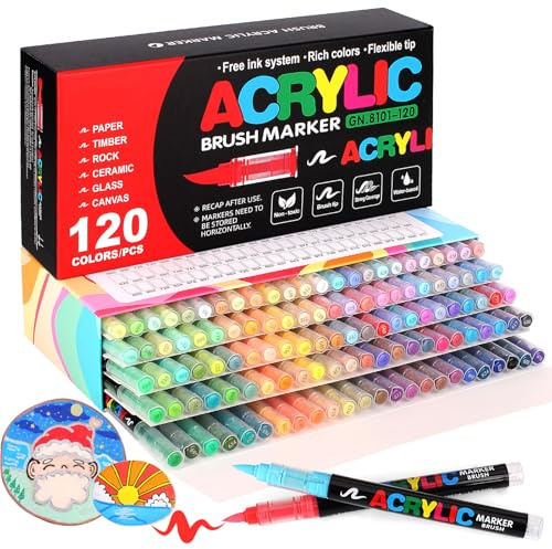 Laconile 120 Farben Acrylstifte für Steine Wasserfest, Brush Tip Acrylic Pens Set, Schnelltrocknend und Ungiftig, Ideal Acrylstifte zum Bemalen für Steinen, Glas, Leinwand, Keramik, Holz