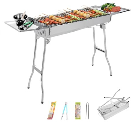 DOKKOME Barbacoa de carbón vegetal de acero inoxidable plegable barbacoa portátil camping barbacoa plegable de dos capas para cocinar al aire libre camping senderismo picnic
