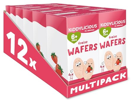 Kiddylicious Wafers Fraise I Dès 6 Mois I Sans Gluten & Sans Lait I 12 Packs de 16g (4 Sachets de 4g) | 192g
