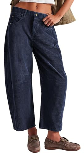 SotRong Women's Corduroy Trousers Barrel Mid-Rise Elastic Waist Cord Pants Casual Wide Leg Leisure Trousers Pull On Tapered Bottom Hem Slouchy Baggy Loose Fit Winter Trousers with Pockets Navy Blue S
