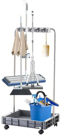 Carros de limpieza con ruedas, Carro de limpieza rodante para el hogar | Carro de conserje de gran capacidad,Organizador de escobas, herramientas de almacenamiento de estaciones de limpieza para hospi