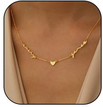 Kiddo Sky Collana con Nome Personalizzata con Catena Barbazzale, Targhetta Placcata in Oro 18 Carati, Regalo di Gioielli Personalizzato Donna Mamma Moglie Figlia (Collier 2 Noms avec Coeur)